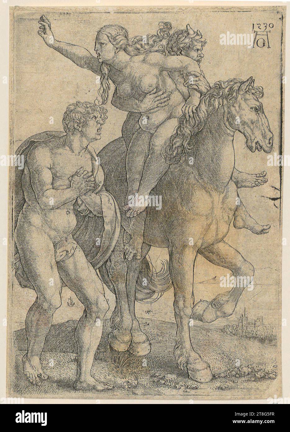 Heinrich Aldegrever (1502 - 1555, 1561), Artist, Rhea Silvia, Heinrich Aldegrever (1502 - 1555, 1561), Satyr forcibly abducts a woman, Print date: 1530, Copperplate engraving, Sheet size: 15.1 x 10.6 cm, Top right dated and monogrammed '1530, AG Stock Photo