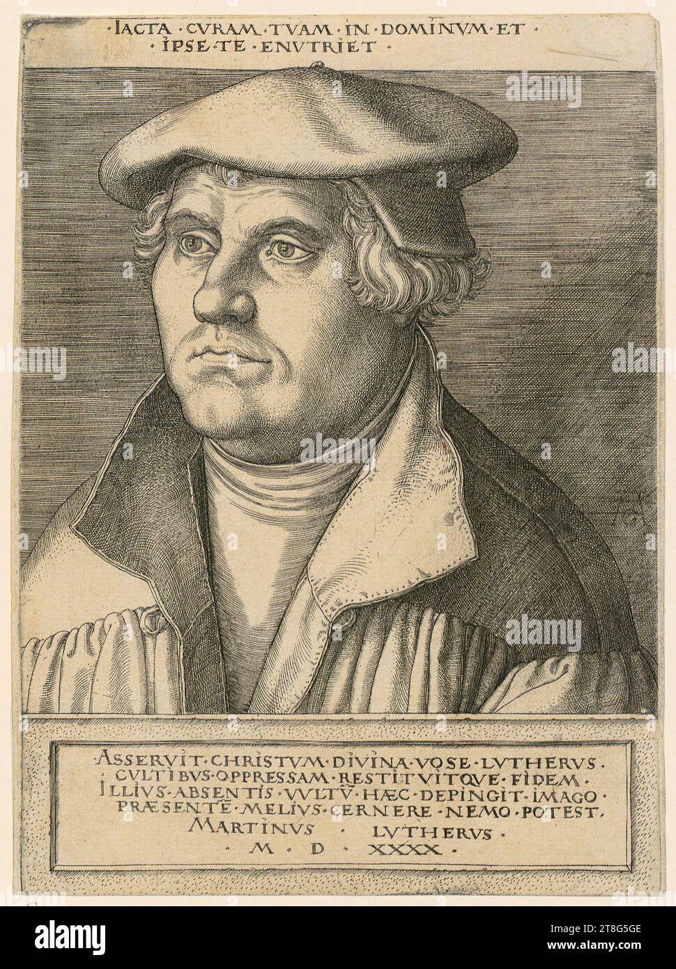 Heinrich Aldegrever (1502 - 1555, 1561)Hans Brosamer (1500 c. - c. 1554), after, portrait of Martin Luther, print date: 1540, copperplate engraving, sheet size: 17.3 x 12.8 cm, top inscribed '.ICTA.CVRAM.TVAM.IN.DOMINVM.ET.IPSE.TE.ENVTRIET'; middle right monogrammed 'AG Stock Photo