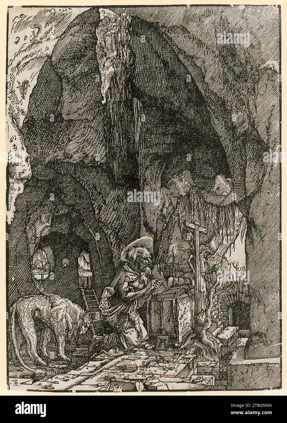 Albrecht Altdorfer (1480 um - 1538), artist, Saint Jerome in the Cave, print medium: circa 1513 - 1515, woodcut, sheet size: 16.8 x 12.0 cm, bottom center on plate monogrammed 'AA Stock Photo