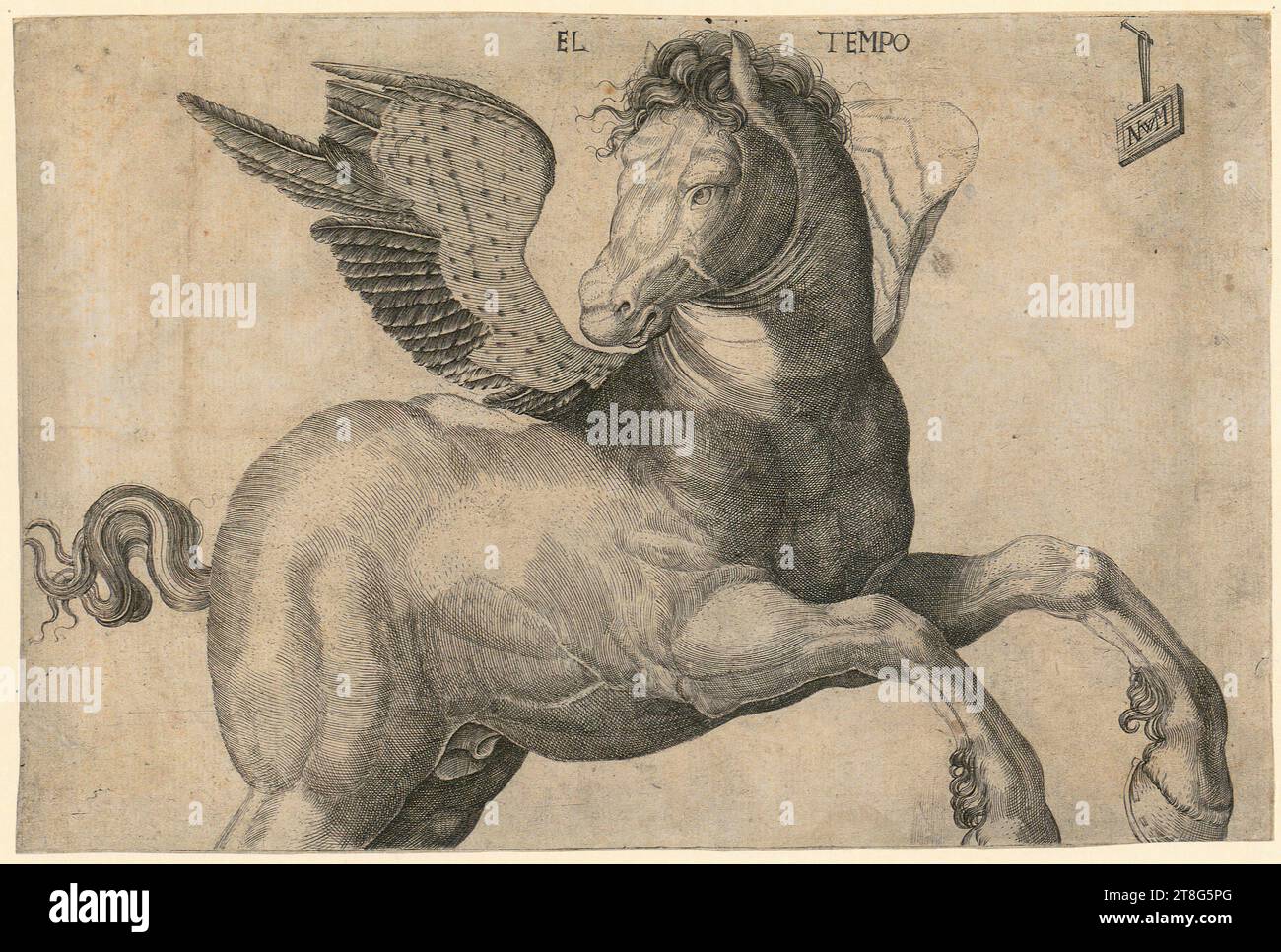 Albrecht Dürer (1471 - 1528), artist, Flight into Egypt, sheet 14 of the series 'The Life of Mary', Albrecht Dürer (1471 - 1528), artist, Flight into Egypt, sheet 14 of the series 'The Life of Mary', monogramist L Nagler IV 860 (1501, 1550 mentioned around), Artist Albrecht Dürer (1471 - 1528), copy after Flight into Egypt, Nicolaus Wilborn (1531, 1538 mentioned around)Jacopo de' Barbari (1460, 1470 around - before 1516), after, Pegasus, origin of the print carrier: 1531 - 1538, copperplate engraving, sheet size: 14. 8 x 22.3 cm Stock Photo