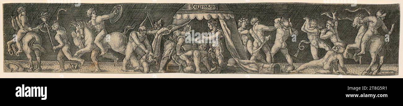 Nicolaus Wilborn (1531, 1538 mentioned around), Judith in the Tent of Holofernes, print date: 1539, copperplate engraving, sheet size: 4.3 x 24.6 cm, top center on tent roof inscribed 'OLIFRNVS' and bottom left on panel monogrammed and dated Stock Photo