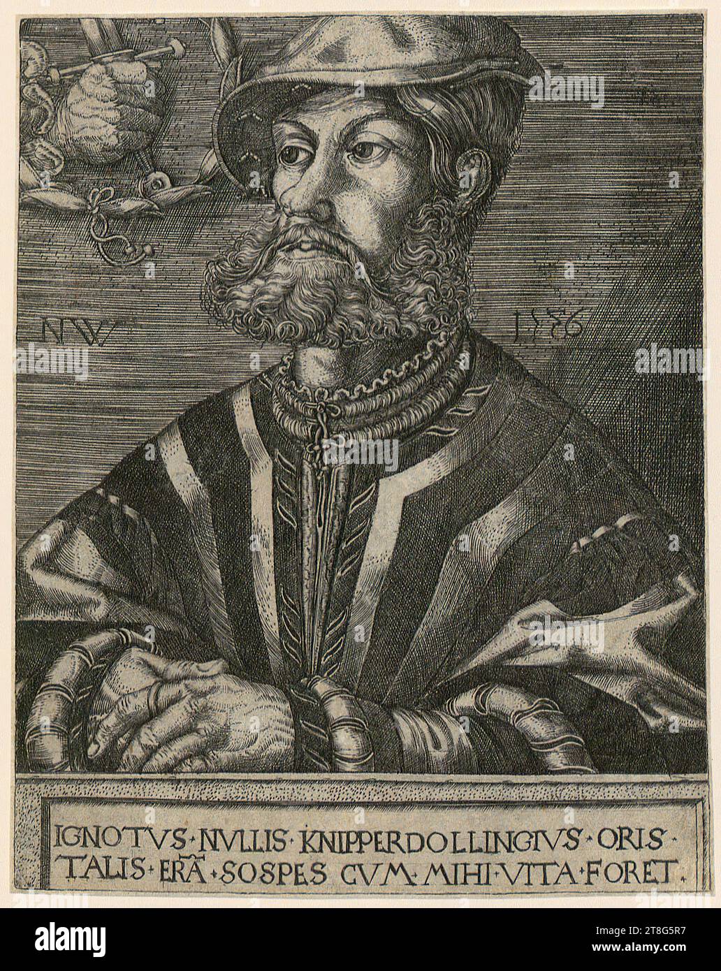 Nicolaus Wilborn (1531, 1538 mentioned around), engraver Heinrich Aldegrever (1502 - 1555, 1561), copy after, portrait of Bernt Knipperdolling, origin of print: 1536, copper engraving, sheet size: 13.4 x 10.8 cm (top and bottom trimmed)' Field3 monogrammed 'NW' at center left, dated '1536' at center right, and inscribed 'IGNOTVS NVLLUIS KN' at bottom Stock Photo