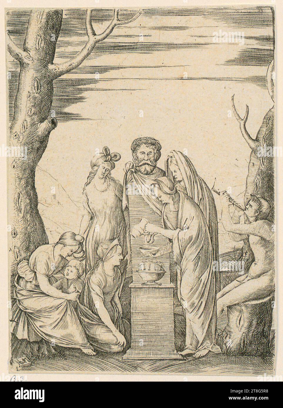 Nicolaus Wilborn (1531, 1538 mentioned around), artist Jacopo de' Barbari (1460, 1470 around - before 1516), copy after, Sacrifices to Priapus, origin of the print medium: 1531 - 1538, copperplate engraving, sheet size: 14.9 x 10.9 cm, lower left on stone tablet monogrammed 'NWM', verso lower left dealer's note with graphite '27227, DZ Stock Photo