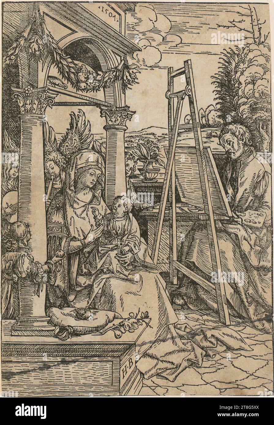 Hans Burgkmair (1473 - 1531), Saint Luke painting the Madonna, print medium: 1507, woodcut, sheet size: 22.3 x 15.3 cm, top left on architrave dated '1507' and bottom left on wall projection monogrammed 'H . B Stock Photo