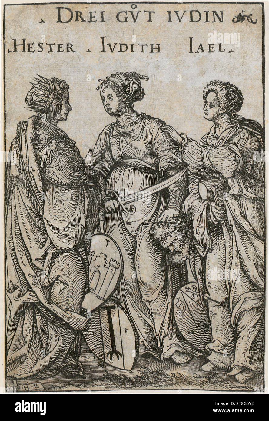 Hans Burgkmair (1473 - 1531), Three Good Jewesses, sheet 4 of the set 'Heroes and Heroines', print date: 1516 - 1519, woodcut, sheet size: 19.2 x 12.8 cm, inscribed at top center '. THREE GVT IVDIN, . HESTER . IVDITH IAEL.' and monogrammed lower left Stock Photo