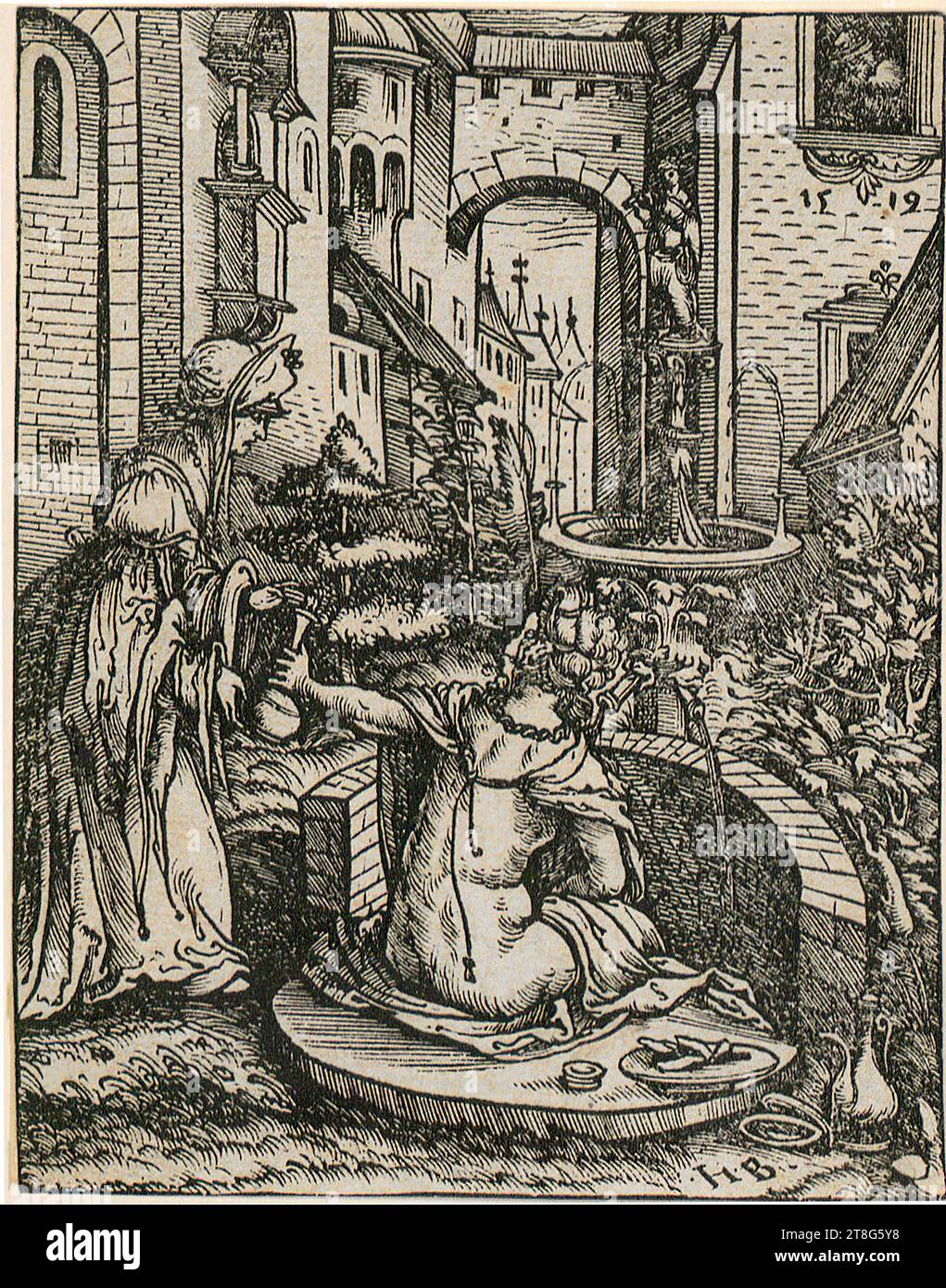 Hans Burgkmair (1473 - 1531), Bathsheba in the Bath, print medium creation: 1519, woodcut, sheet size: 11.9 x 9.2 cm, top right on wall dated '1519' and bottom right monogrammed 'H . B . ', dealer's note with graphite '24609, RZ' on verso lower left; black Stock Photo