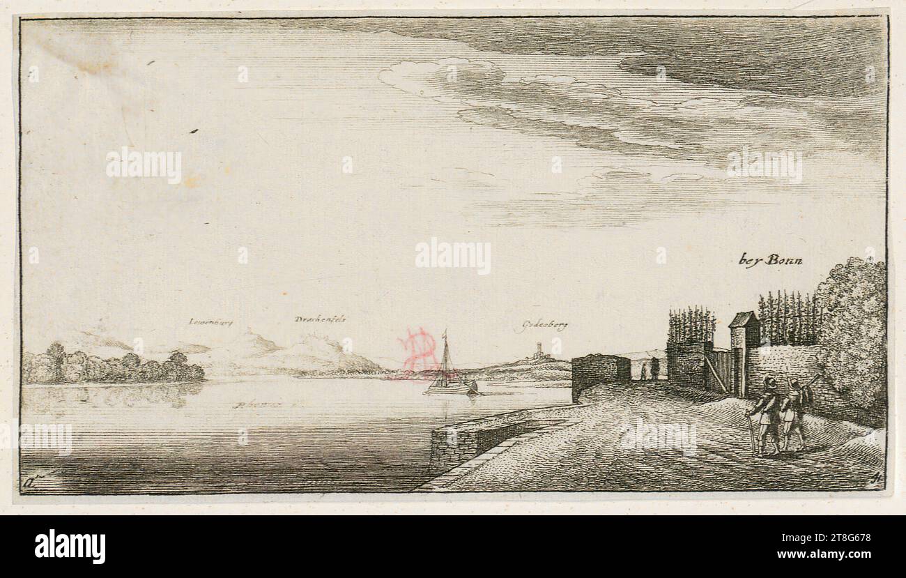 Wenzel Hollar (1607 - 1677), Rhine near Bonn, print medium: 1643, etching, sheet size: 9.5 x 17.2 cm, center right inscribed 'bey Bonn'; below from left to right inscribed 'Lewenburg', 'Drachenf Stock Photo