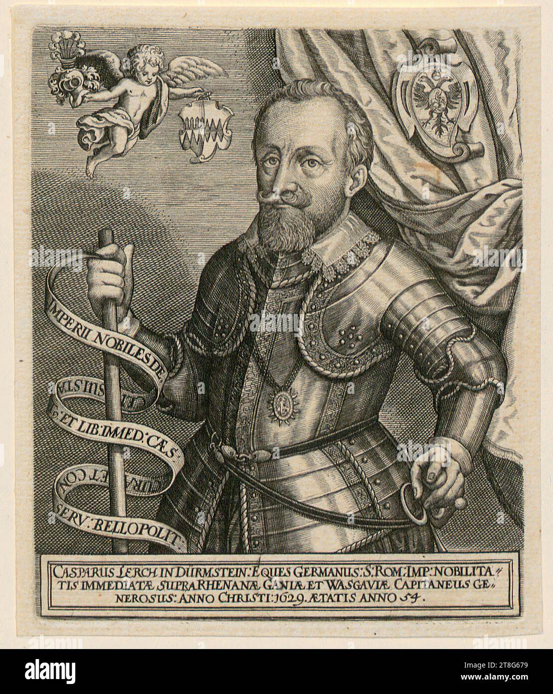 Isaac Brun (1596 - c. 1657), portrait of Caspar Lerch von Dürmstein, print medium: 1629, copperplate engraving, sheet size: 12.4 x 10.3 cm, inscribed in the center left on the inscription band 'IMPERII NOBILES DE ... SERV: BELLOPOLIT:' and at the bottom on Ta Stock Photo