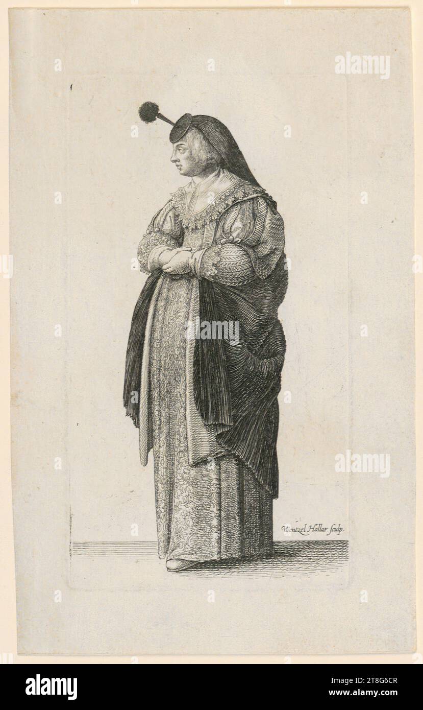 Wenzel Hollar (1607 - 1677), Lady with a Houpette, Origin of the print: c. 1627 - 1644, etching, sheet size: 17.8 x 11.0 cm, signed lower right 'Wentzel Hollar sculp.', verso lower left black Stock Photo