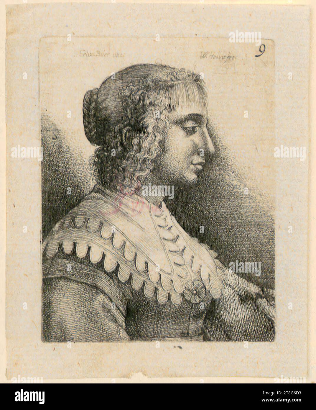 Wenzel Hollar (1607 - 1677)Jan van Bijlert (1597 um - 1671), after Abraham Hogenberg (1608 mentioned before - after 1653), editor, bust portrait of a woman with double shoulder collar, in profile to the right, sheet 9 of the set 'Reisebüchlein', origin of the print medium: 1636, etching, sheet size: 8.5 x 6.8 cm, inscribed upper left 'I. Felix-Biler inu:' and signed and numbered on the right 'W. Hollar fec: 9 Stock Photo