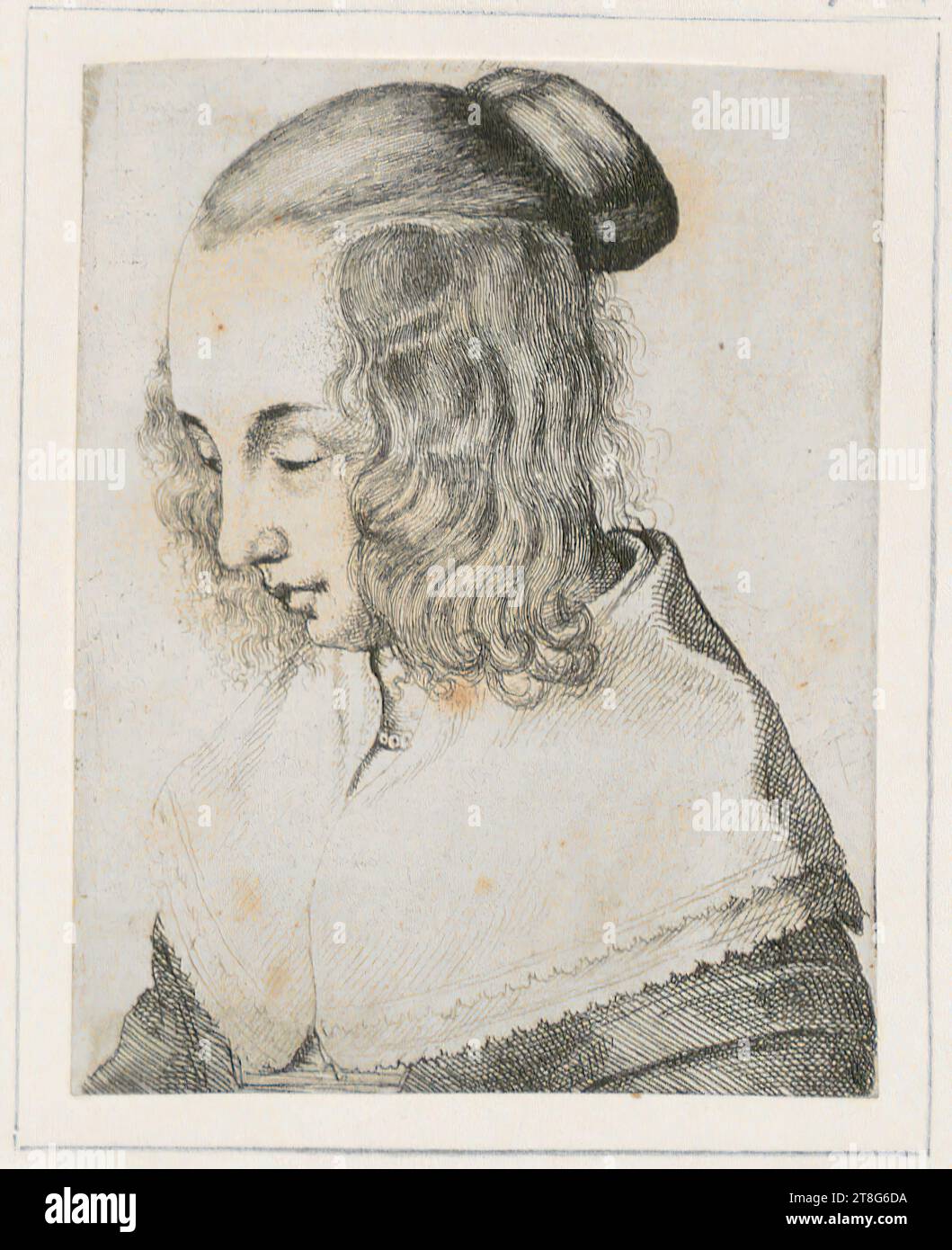 Wenzel Hollar (1607 - 1677), Half-length portrait of a young woman with curly hair and chignon, her gaze lowered to the left, print date: 1645, etching, sheet size: 8.2 x 6.4 cm (trimmed Stock Photo