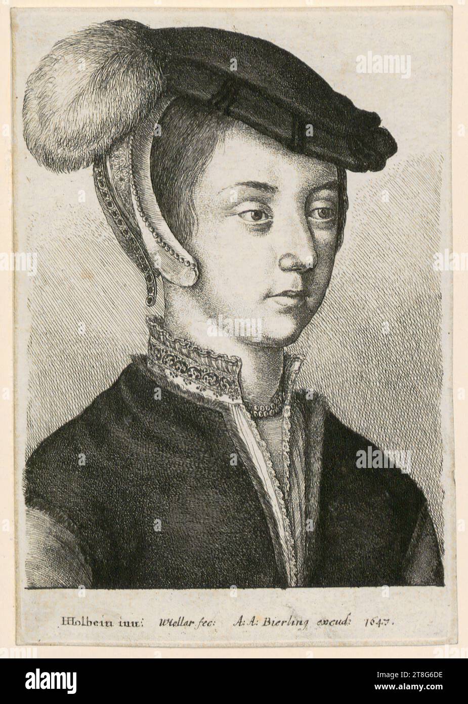Wenzel Hollar (1607 - 1677)Hans Holbein (the Younger) (1497 - 1543), after Adam Alexius Bierling (mentioned in 1646), editor, bust portrait of a young woman with feathered hat, three-quarter view to the right, origin of the print: 1647, etching and drypoint, sheet size: 13.4 x 9.3 cm, inscribed, signed and dated at the bottom 'HHolbein inu: WHollar fec: A: Bierling excud: 1647 Stock Photo