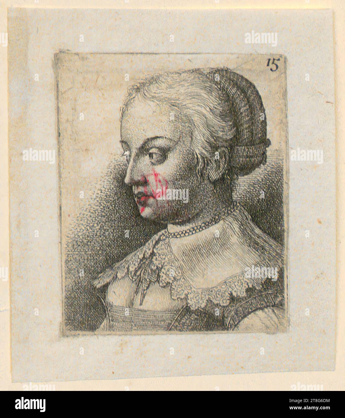 Wenzel Hollar (1607 - 1677)Abraham Hogenberg (1608 mentioned before - after 1653), editor, woman with braided hair, sheet 15 of the series 'Reisebüchlein', origin of the print: 1635 - 1636, etching, sheet size: 7.4 x 6.3 cm (with set margin)sheet size: 5.6 x 4.4 cm (without set 'Rä' Field3 Top right numbered '15 Stock Photo