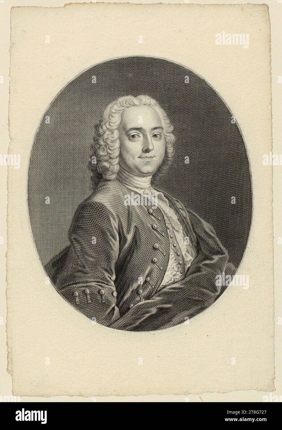 Johann Georg Wille (1715 - 1808), Portrait of Lescalopier, Intendant of Montauban, Creation of the print medium: 1730 - 1808, copperplate engraving, sheet size: 21.7 x 14.9 cm plate margin: 15.3 x 12.4 cm (oval), verso at lower center inscribed in pen and brown 'J. S. 1840'; verso at lower left dealer's note in graphite 'mdo, mvf Stock Photo