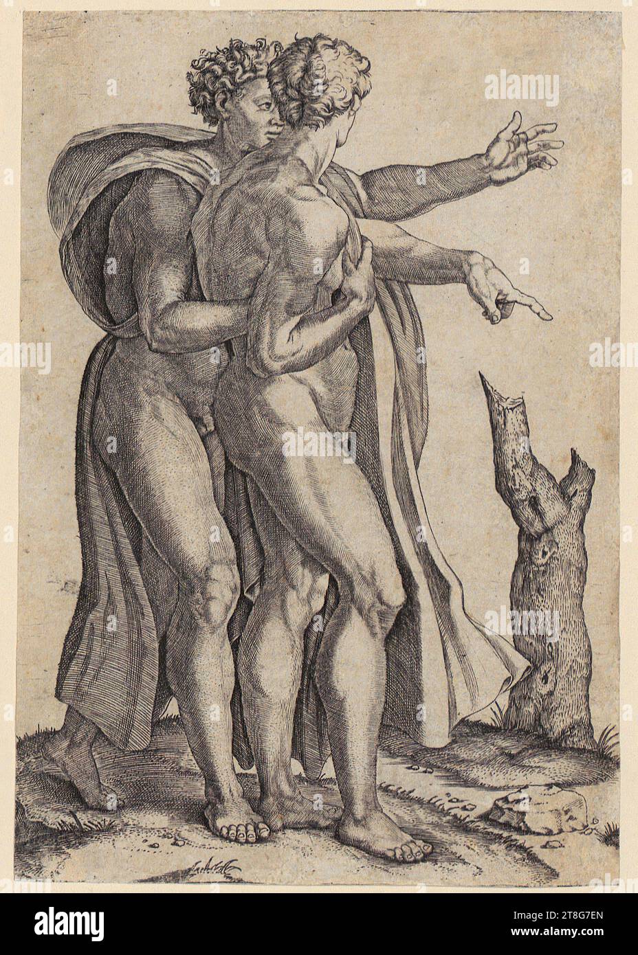 Anonymous (dating unknown), artist:in Marcantonio Raimondi (1470, 1482 um - um 1527, 1534), copy after Michelangelo (1475 - 1564), after Lucas Hugensz. van Leyden (1488, 1499 resp. 1494 - 1533), after, climber, Marcantonio Raimondi (1470, 1482 c. - c. 1527, 1534), artist, attributed, Two half dressed men, origin of the print: 1510 - 1520, copper engraving, sheet size: 16.3 x 11.2 cm Stock Photo