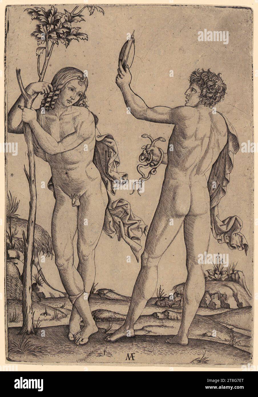 Marcantonio Raimondi (1470, 1482 c. - c. 1527, 1534), artist, allegory of bravery and prudence, print date: 1503 - 1504, copperplate engraving, sheet size: 21.2 x 14.6 cm, bottom center monogrammed 'MAF Stock Photo