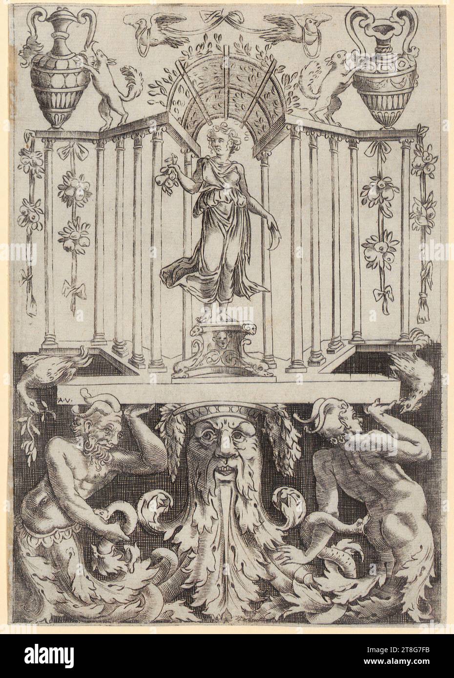 Agostino dei Musi (gen. Agostino Veneziano) (1490 um - after 1536)Raphael (1483 - 1520), after Giovanni da Udine (1487 - 1561), after, ornamental engraving with the goddess Pomona in temple, sheet 16 of the series 'Twenty Ornamental Engravings', origin of the printing medium: 1530 - 1535, copperplate engraving, sheet size: 20.4 x 14.3 cm, center left on ledge monogrammed '.A.V Stock Photo