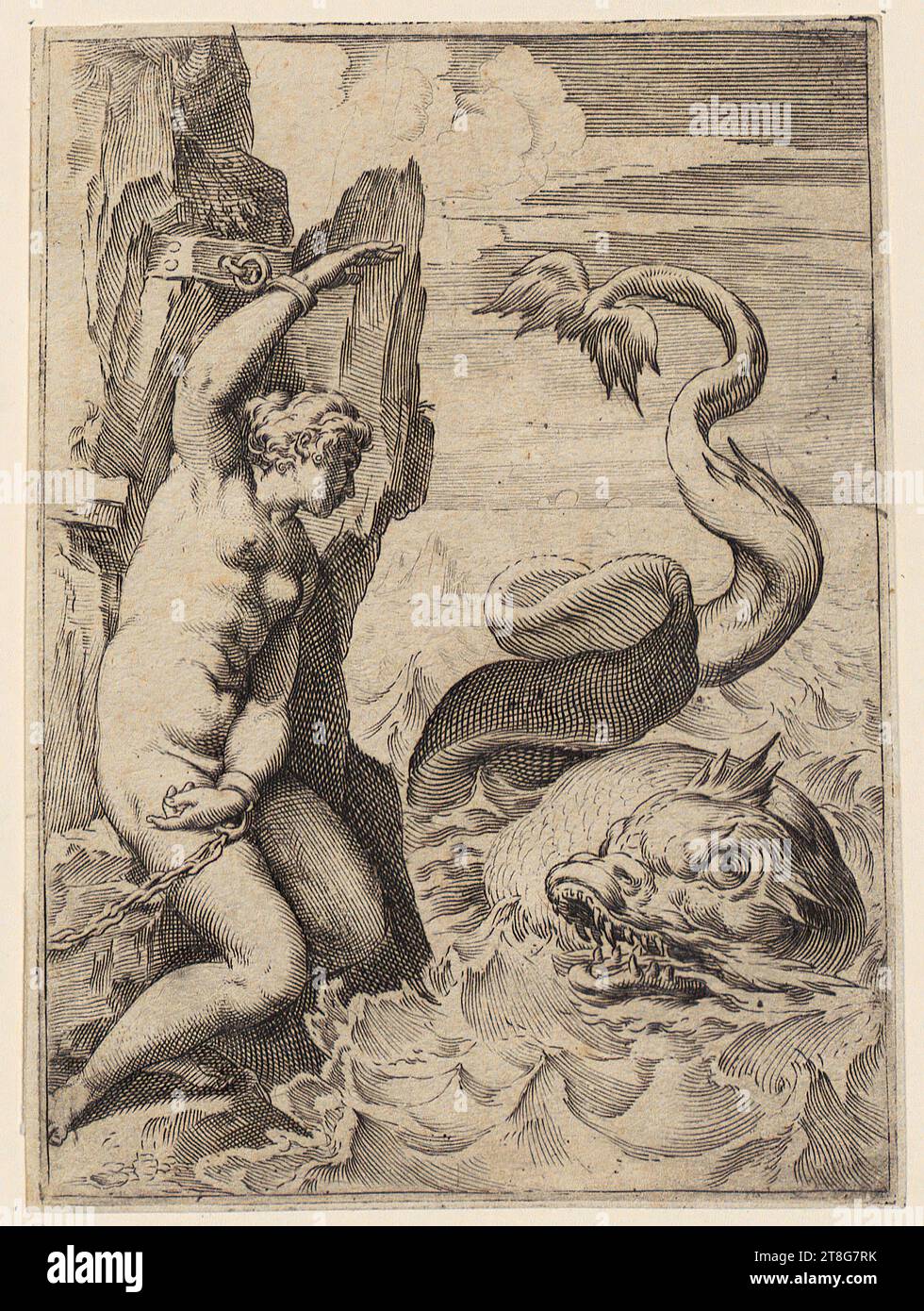 Anonymous (dating unknown), etcher Agostino Carracci (1557 - 1602), copy after Orpheus and Eurydice, sheet of the set 'Lascivie', Anonymous (dating unknown), engraver Agostino Carracci (1557 - 1602), copy after Orpheus and Eurydice, sheet of the set 'Lascivie', Agostino Carracci (1557 - 1602), artist, Andromeda, sheet of the set 'Lascivie', origin of the print carrier: Around 1590 - 1595, copperplate engraving, sheet size: 15. 3 x 11.4 cm Stock Photo