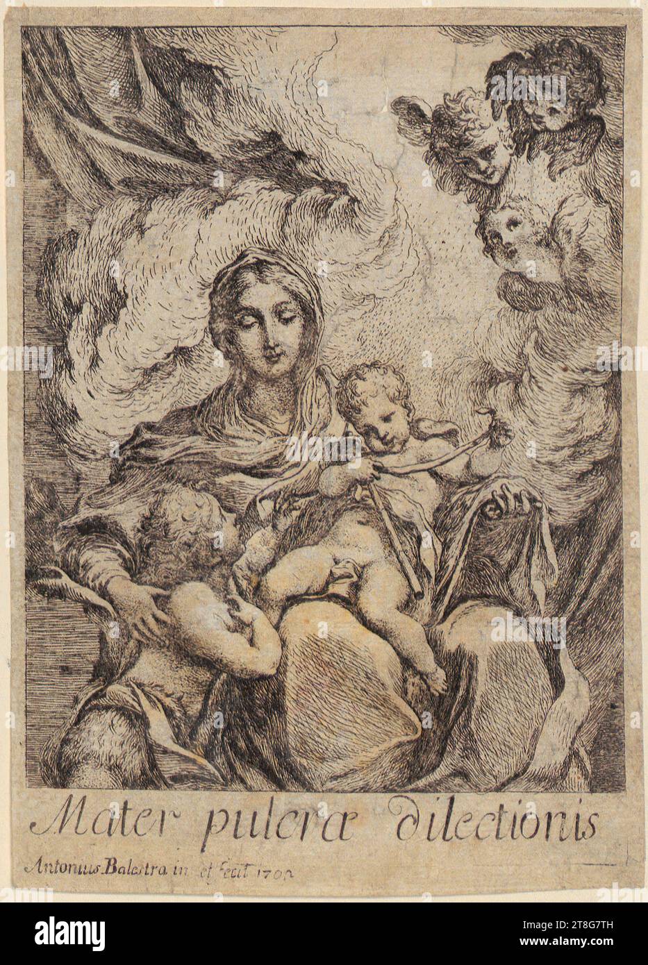 Antonio Balestra (1666 - 1740), Madonna with Child and Boy St. John, print medium: 1702, etching, sheet size: 15.6 x 11.2 cm, inscribed at the bottom from left to right 'Mater pulcra dilectionis' and signed and dated at the bottom left 'Dilectus meus mihi etgo illi Stock Photo