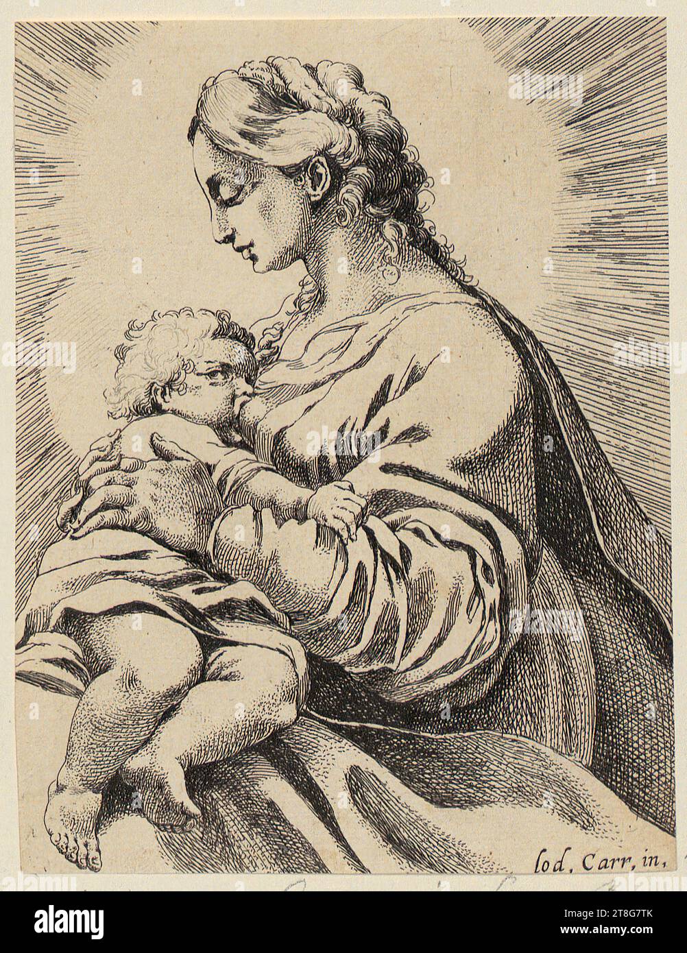 Anonymous (dating unknown), engraver Ludovico Carracci (1555 - 1619), copy after, Mary nursing the child Maria lactans, print medium: circa 1600 - circa 1700 17, copperplate engraving, sheet size: 14.4 x 11.1 cm, inscribed lower right 'Lod. Carr. in Stock Photo