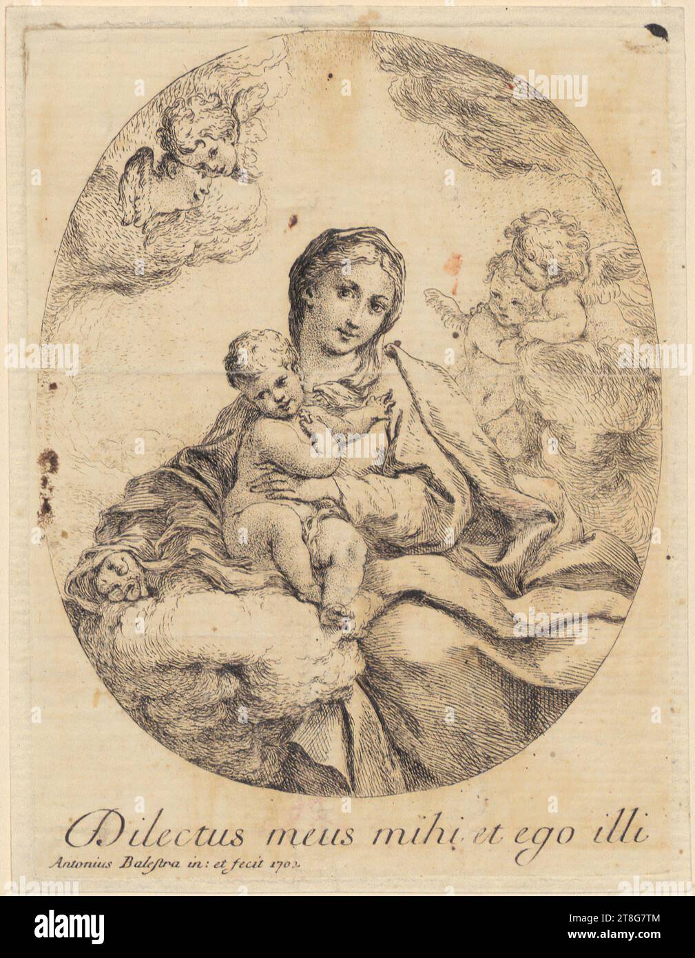Antonio Balestra (1666 - 1740), Madonna and Child, print carrier: 1702, etching, sheet size: 16.3 x 12.5 cm, bottom left to right inscribed 'Dilectus meus mihi et ego illi' and bottom left signed and Stock Photo