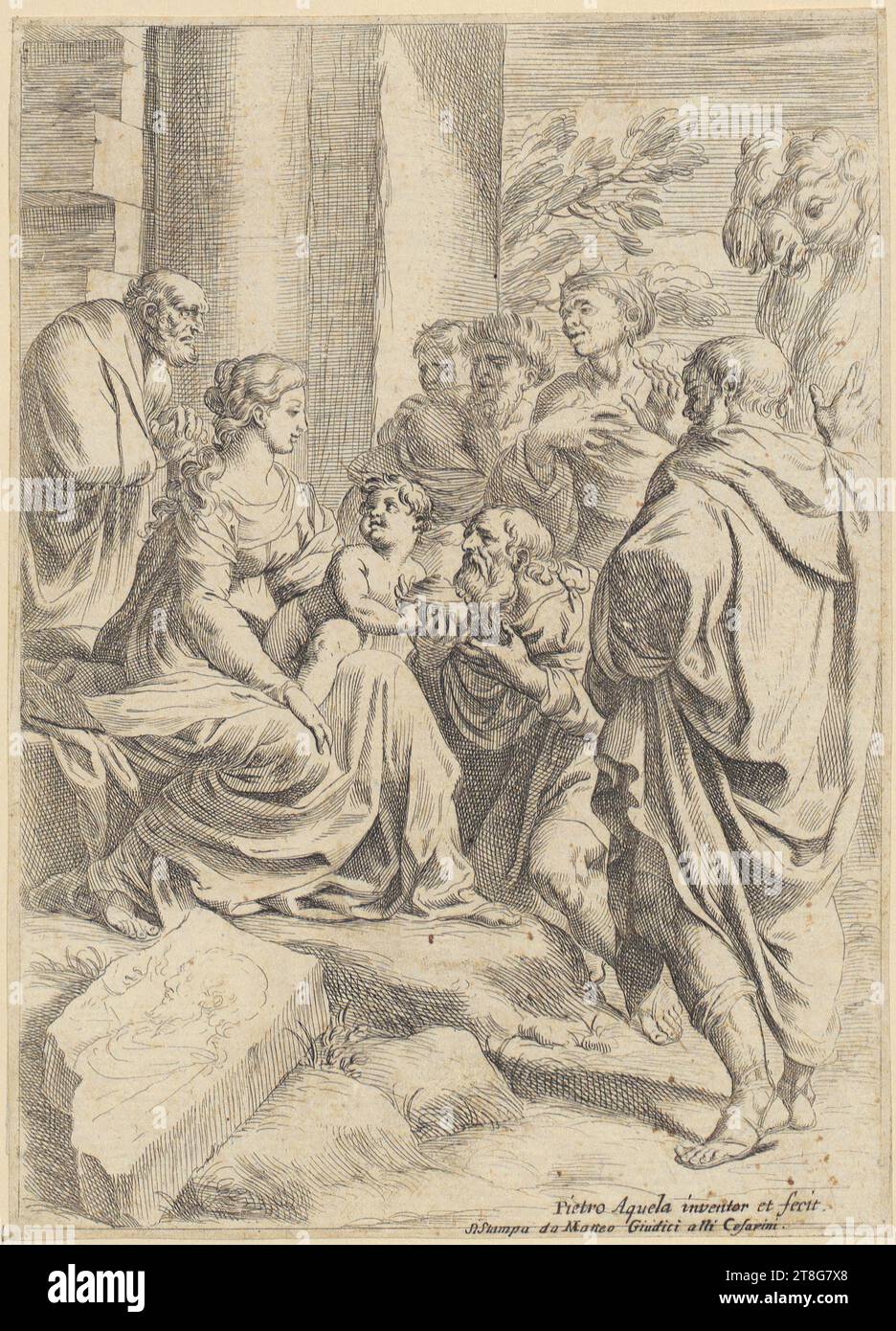 Pietro Testa (1612 - 1650), artist Pietro Berrettini (1596 - 1669), after Nicolas Poussin (1594 - 1665), after, Martyrdom of Saint Erasmus, Pietro Testa (1612 - 1650), artist Nicolas Poussin (1594 - 1665), after Giovanni Giacomo De Rossi (1627 - 1691), editor, Martyrdom of St. Erasmus, Pietro Aquila (died 1692)Matteo Giudici (1670 around - 1692 active), editor, Adoration of the Magi, origin of the print carrier: 1665 - 1692, etching, sheet size: 18. 9 x 13.6 cm, bottom right signed and inscribed 'Pietro Aquela inventor et fecit. Stock Photo