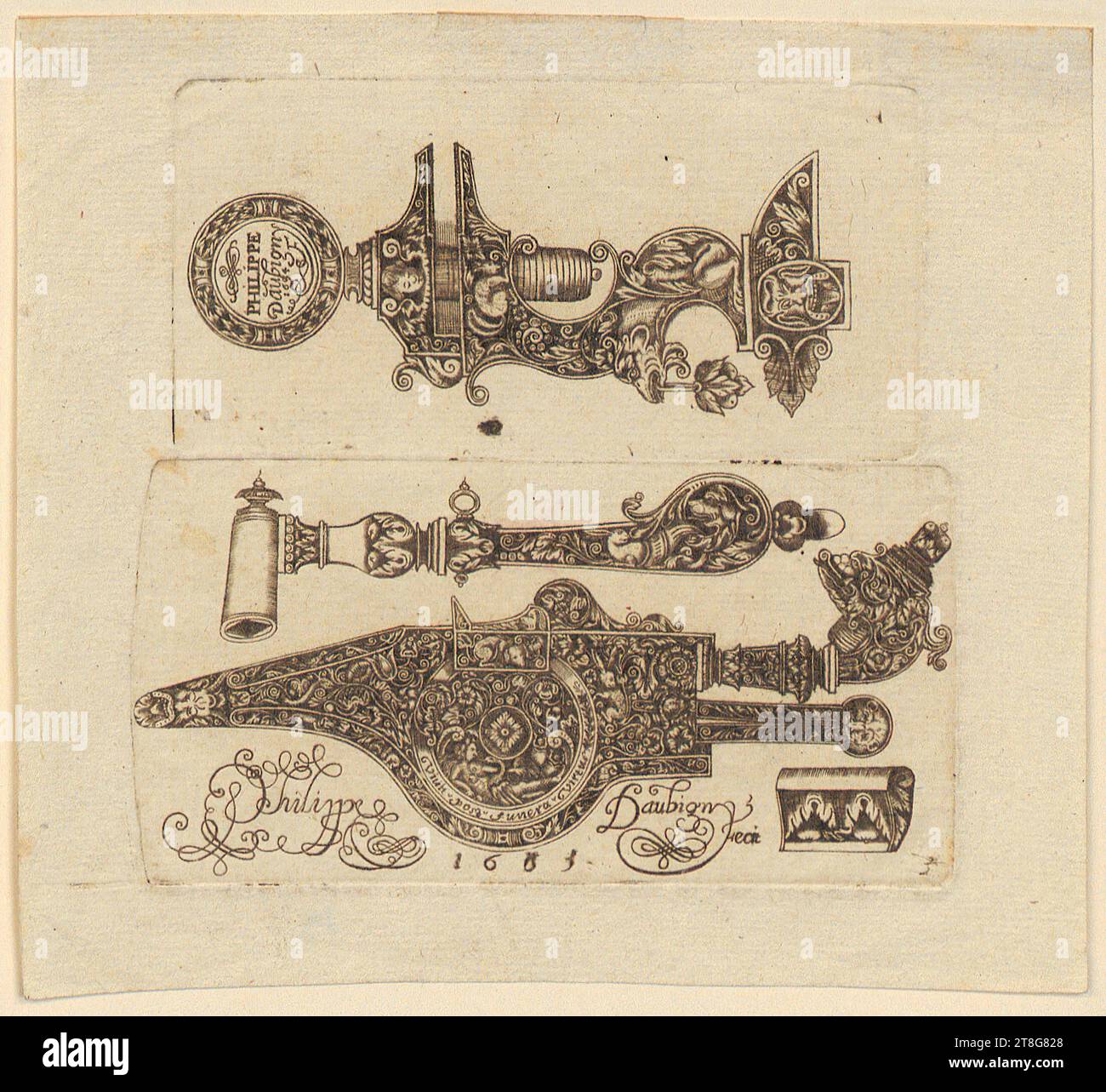 Philippe Daubigny (1634, 1665 mentioned around), Gun parts and fittings, sheet 3 and 9 of the set 'Ornate gun locks and other ornaments', origin of the print medium: 1634 - 1665, copper engraving, sheet size: 12. 5 x 13.8 cm plate margin: 4.9 x 9.6 cm (upper plate)plate margin: Approx. 5.5 x 10.5, upper plate: Upper left signed and dated 'PHILIPPE, Daubigny, 1634, F'; lower right nummer Stock Photo