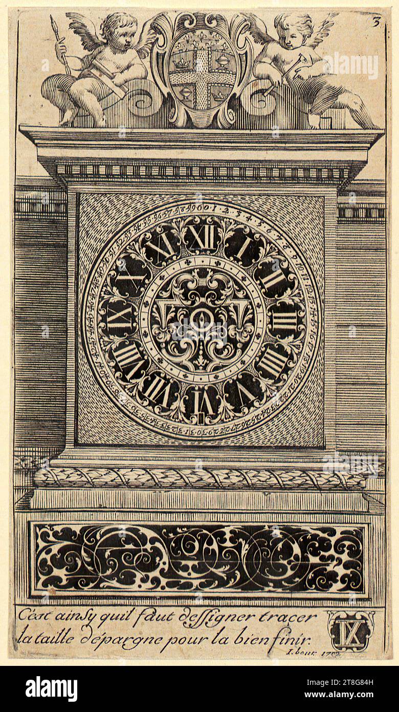 Jean Bourguet (mentioned 1689, 1723), design for a clock, sheet 3 of the set 'Livre de taille d'épargne ...', origin of the print medium: 1702, copperplate engraving, sheet size: 13.0 x 7.7 cm, numbered '3' at upper left; inscribed, signed and dated at lower left 'C'est ainsy quit faut dessigner t Stock Photo