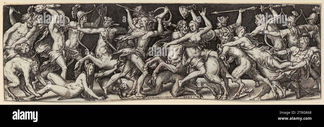 Etienne Delaune (1518, 1519 um - 1583), Frieze with Battle of the Centaurs and the Laphites, sheet 8 of the series 'Battles and Triumphs', origin of the print: 1557, copperplate engraving, sheet size: 6.9 x 22.2 cm, bottom left monogrammed 'S', bottom center inscribed 'CVM PRIVILEGIO REGIS' and bottom right nummer Stock Photo