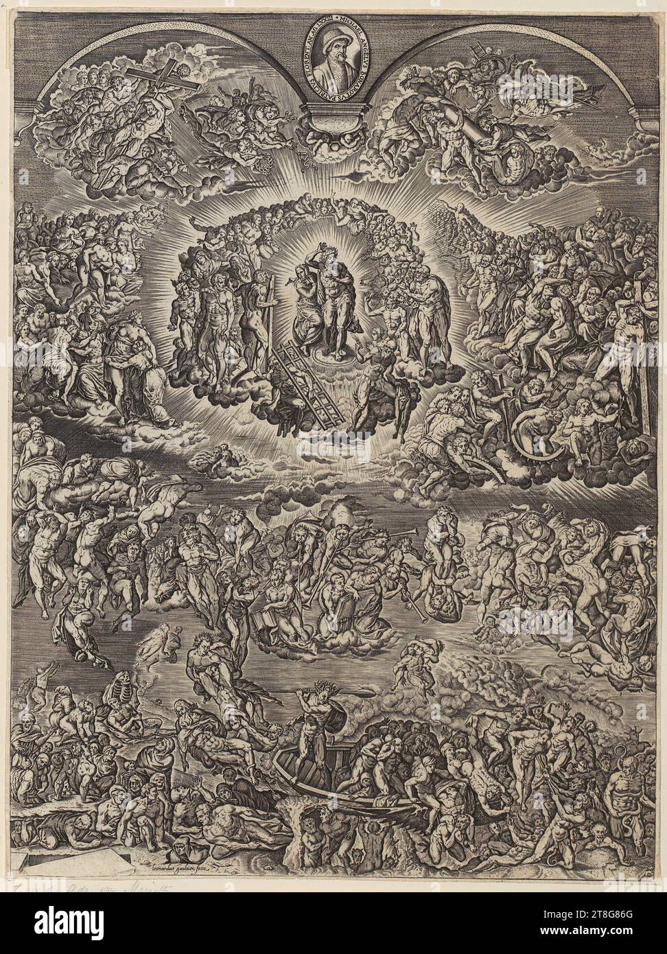 Léonard Gaultier (1561 - after 1635)Michelangelo (1475 - 1564), after, Last Judgment, print medium: 1600 - 1641, copperplate engraving, sheet size: 31.6 x 23.6 cm, inscribed at top center around medallion 'MICHAEL ANGELVS BONAROTVS PATRICIVS FLORENT. AN. AG. LXXIII', inscribed on verso lower center in graphite 'L.5A, JMT Stock Photo