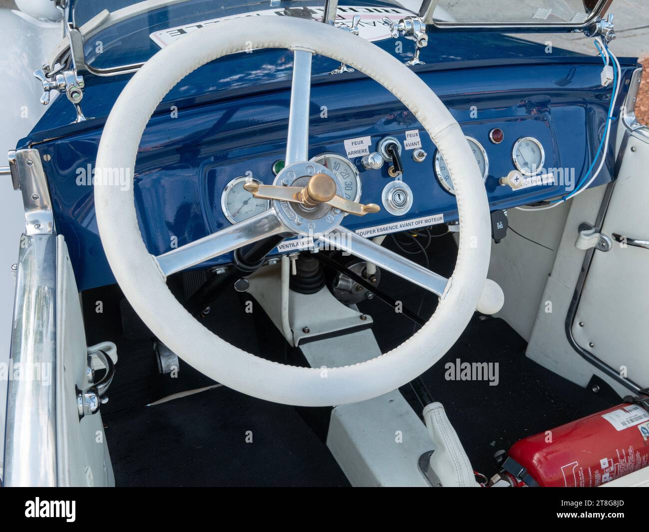 Cabin interior, steering wheel and dashboard close up from classic German roadster DIXI - BMW DA 2 Typ Ihle 600 Sport cabriolet from approx. 1935. See Stock Photo
