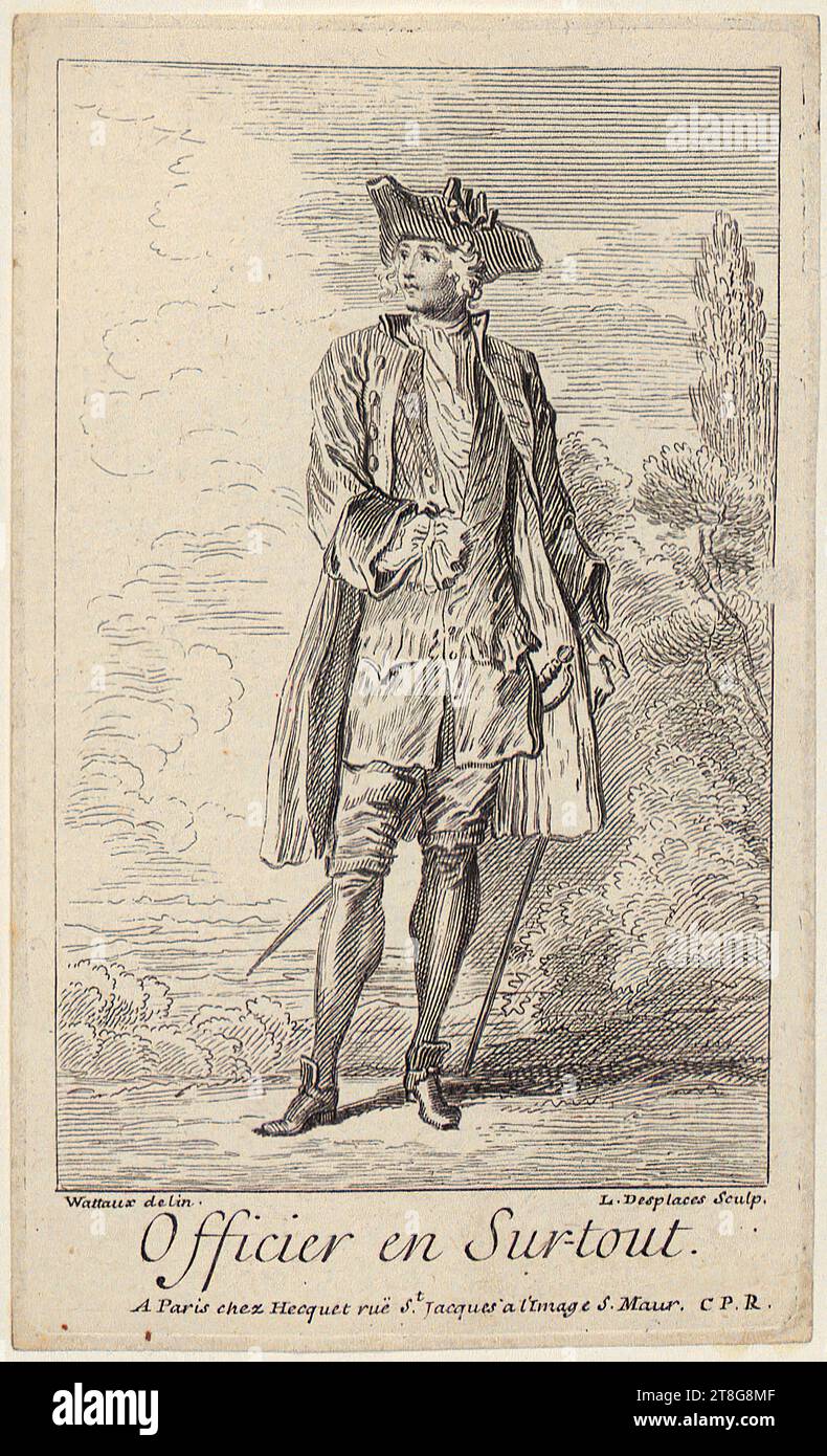 Louis Desplaces (1682 - 1739)Antoine Watteau (1684 - 1721), after Robert Hecquet (1693 - 1775), editor, officer, sheet of the series 'Figures françoises & comiques', origin of the print: 1715 - 1721, etching, sheet size: 13.7 x 8.2 cm plate margin: 13.4 x 7.9 cm, bottom left inscribed 'Wattaux delin.'; bottom right signed 'L.Desplaces Sculp.'; bottom center inscribed 'L.Desplaces Sculp Stock Photo