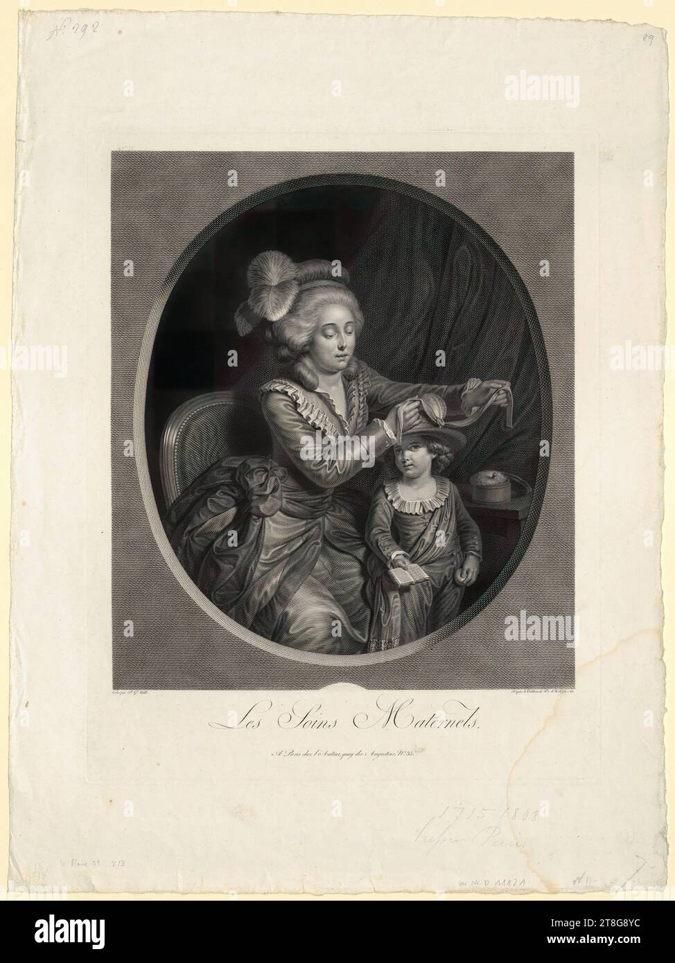 Johann Georg Wille (1715 - 1808)Pierre Alexandre Wille (1748 - 1821, 1827), after, Les soins maternelles, Origin of the print medium: 1784, copperplate engraving and etching, sheet size: 58.7 x 43.9 cm platemark: 43.4 x 34.3 cm, top left inscribed '27.te Pl....', top center inscribed 'Will spiegelkehrt', bottom left si Stock Photo
