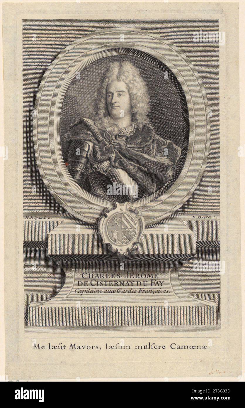 Pierre-Imbert Drevet (1697 - 1739)Hyacinthe Rigaud (1659 - 1743), after, portrait of Charles-Jérôme de Cisternay du Fay, origin of print: 1728, copperplate engraving, sheet size: 16.2 x 10.2 cm plate margin: 15.0 x 8.9 cm, Inscribed below portrait on left 'H. Rigaud p.'; below portrait right signed 'P. Drevet s.';, Verso lower left dealer's note in graphite '26030, C'; verso lower center inscribed in pen and brown 'Soliman L. 1833' (Vg. 1628) Soliman Lieutaud Stock Photo