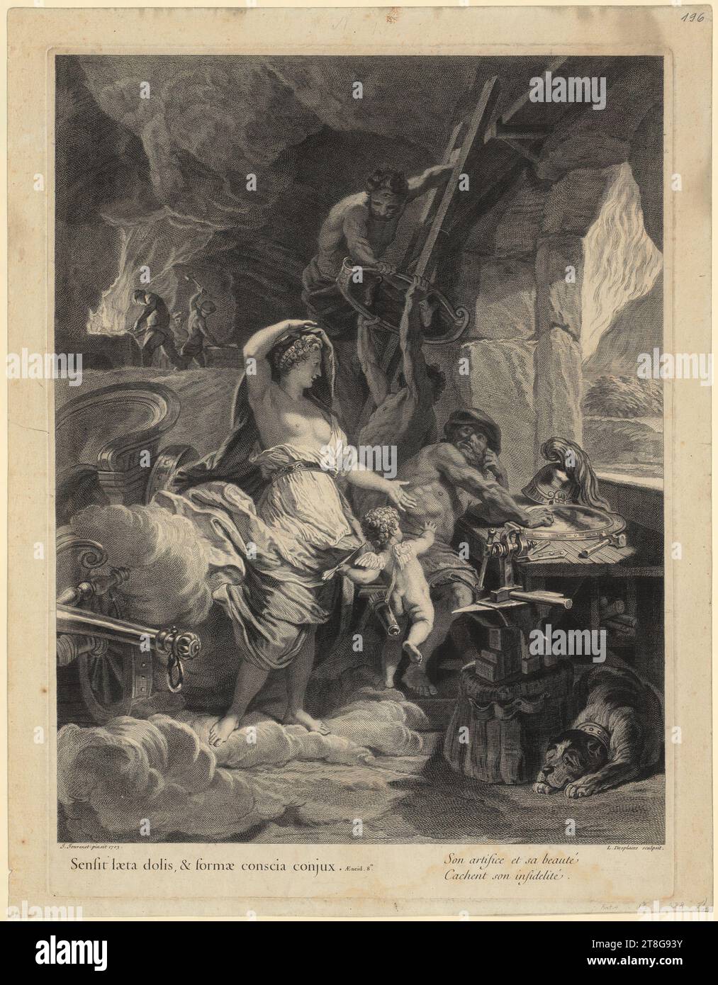 Louis Desplaces (1682 - 1739)Jean Jouvenet (1644 - 1717), after, Venus in the Forge of the Volcano, print medium: circa 1713 - 1739, etching and copperplate engraving, sheet size: 46.9 x 36.4 cm platemark: 43.9 x 32.3 cm, inscribed lower left 'J. Jouvenet pinxit 1703.'; signed lower right 'L.Desplaces sculpsit.'; da Stock Photo