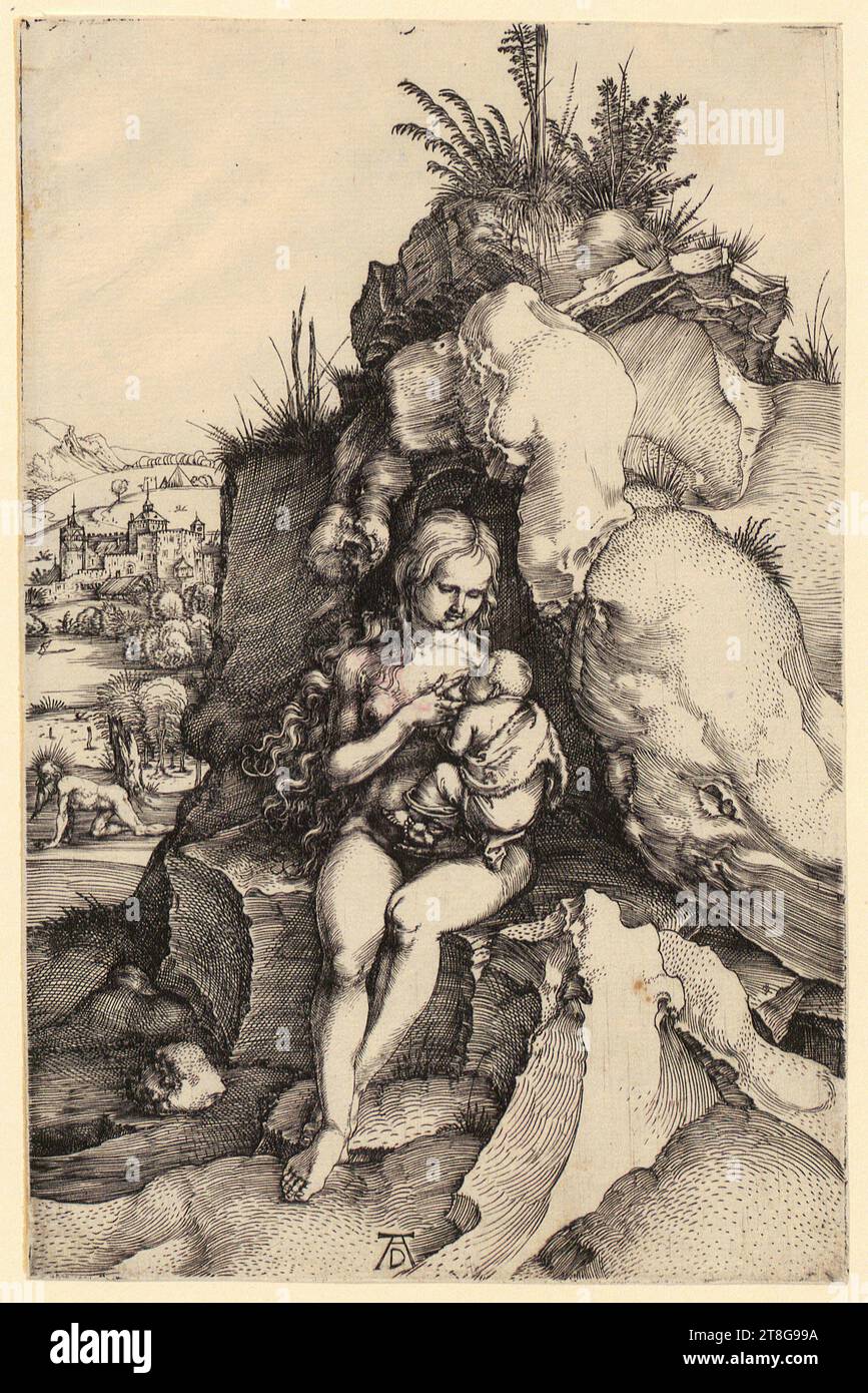 Albrecht Dürer (1471 - 1528), Artist, Busse des heiligen Johannes Chrysostomus, Origin of the print medium: ca. 1496, copperplate engraving on vergé paper, Sheet size: 18.2 x 11.8 cm, Bottom center monogrammed 'AD', Verso center red Stock Photo