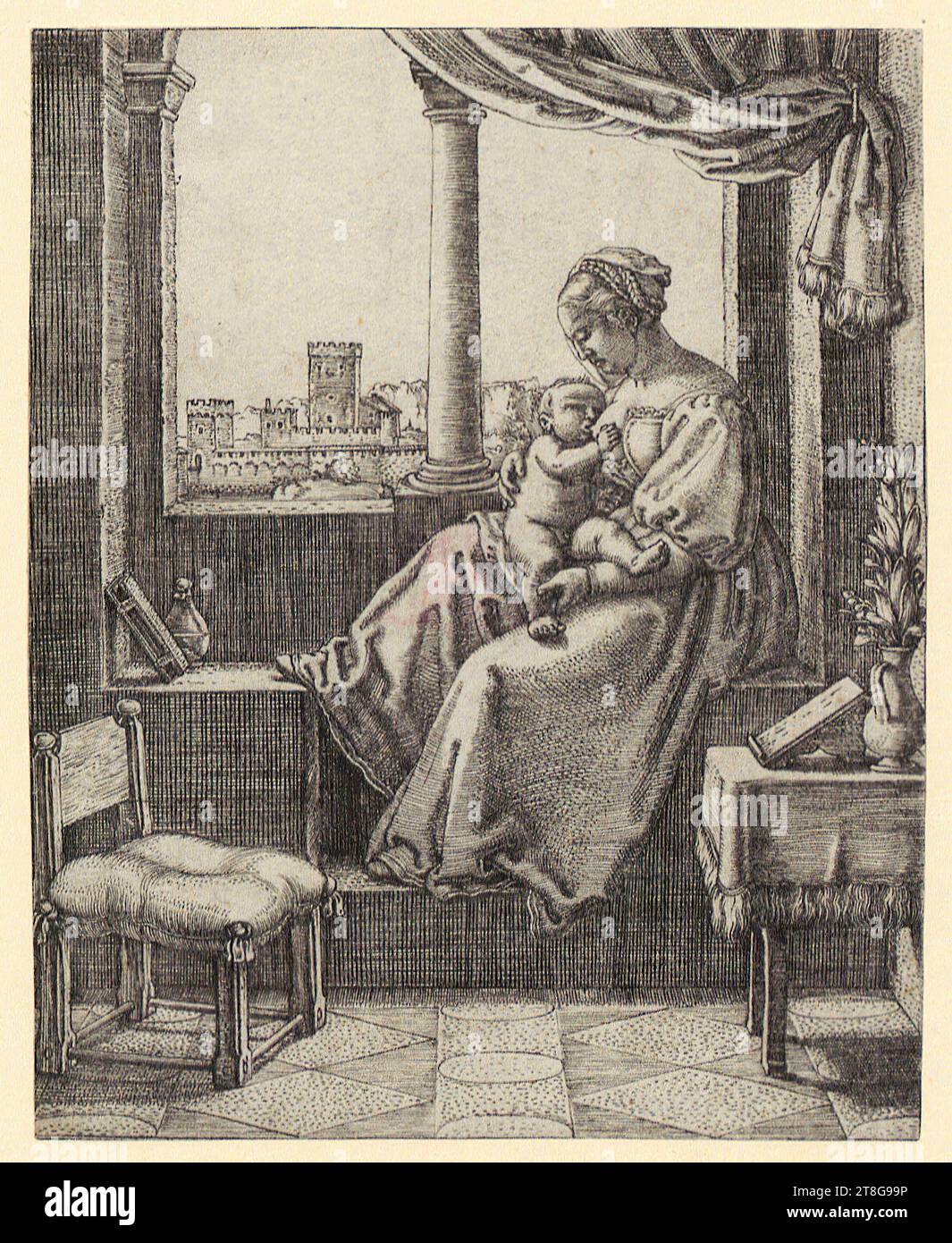 Barthel Beham (1502 - 1540), artist, Virgin Mary with Child seated in window niche Maria lactans, print medium: circa 1529, copperplate engraving, sheet size: 10.4 x 8.3 cm Stock Photo