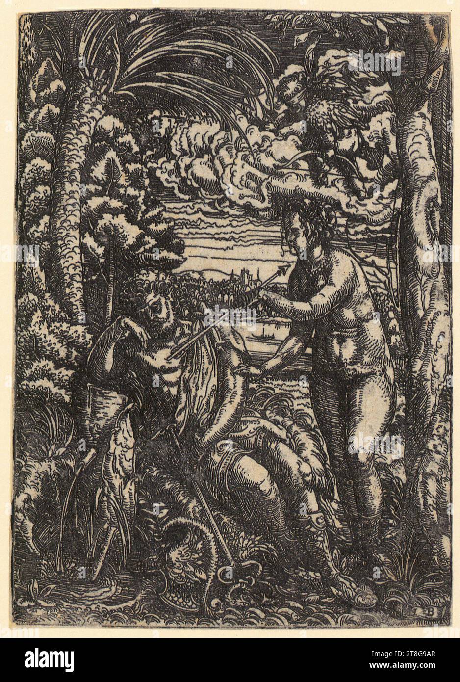 Hans Burgkmair (1473 - 1531), Mercury and Venus, print medium: ca. 1520, iron etching, sheet size: 18.3 x 13.1 cm, monogrammed 'HB' on lower right panel Stock Photo