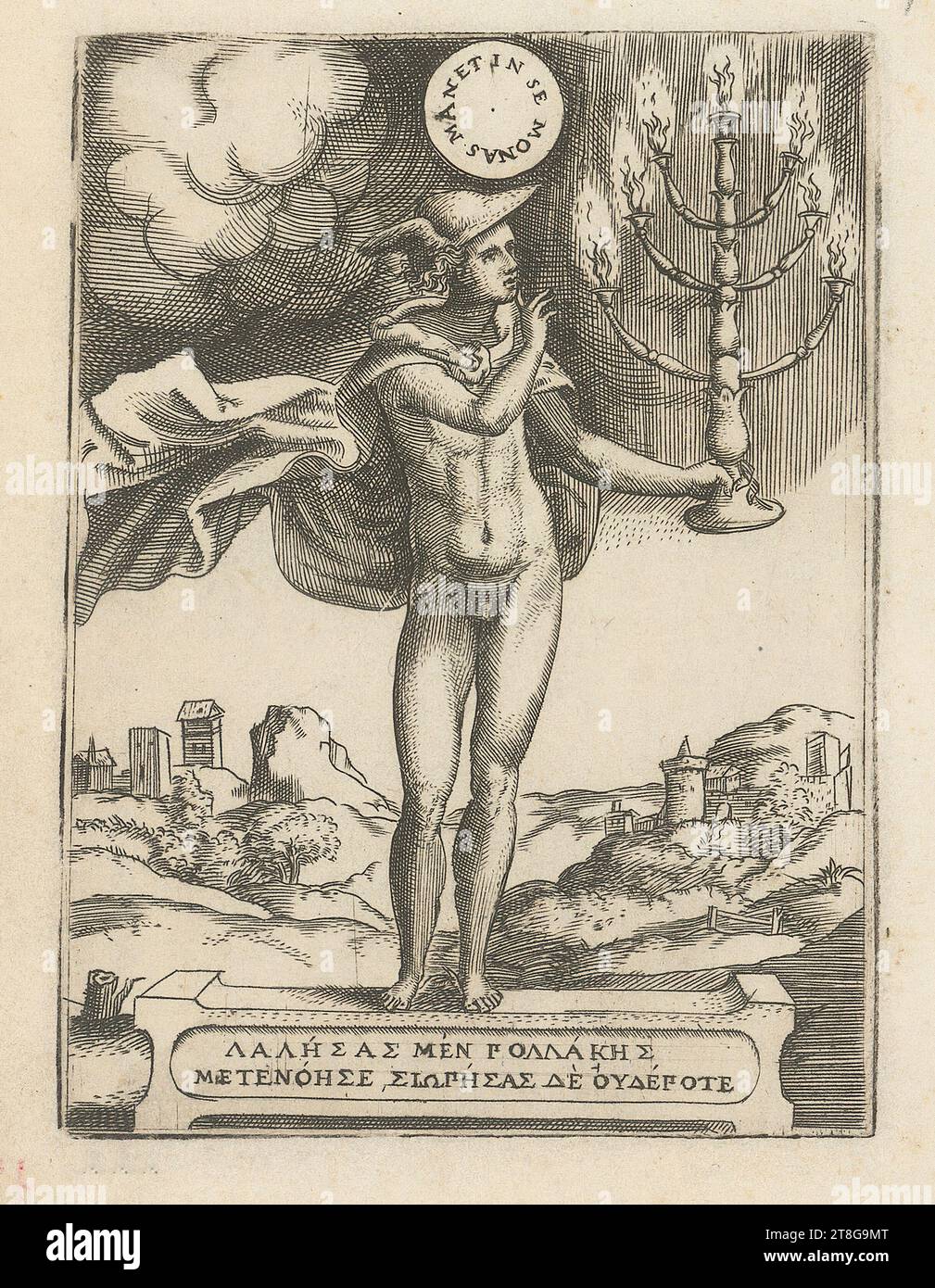 Giulio Bonasone (1510 c. - c. 1576), artist, Allegory of Patience, Giulio Bonasone (1510 c. - c. 1576), artist, Mercury with a seven-branched candlestick, medium: c. 1555, copperplate engraving on vergé paper, sheet size: 13.6 x 10.9 cm, platemark: 11.3 x 8.4 cm, inscribed at top center on disc 'MANET IN SE MONAS'; inscribed at bottom center on cartouche '?A?HSAS Stock Photo