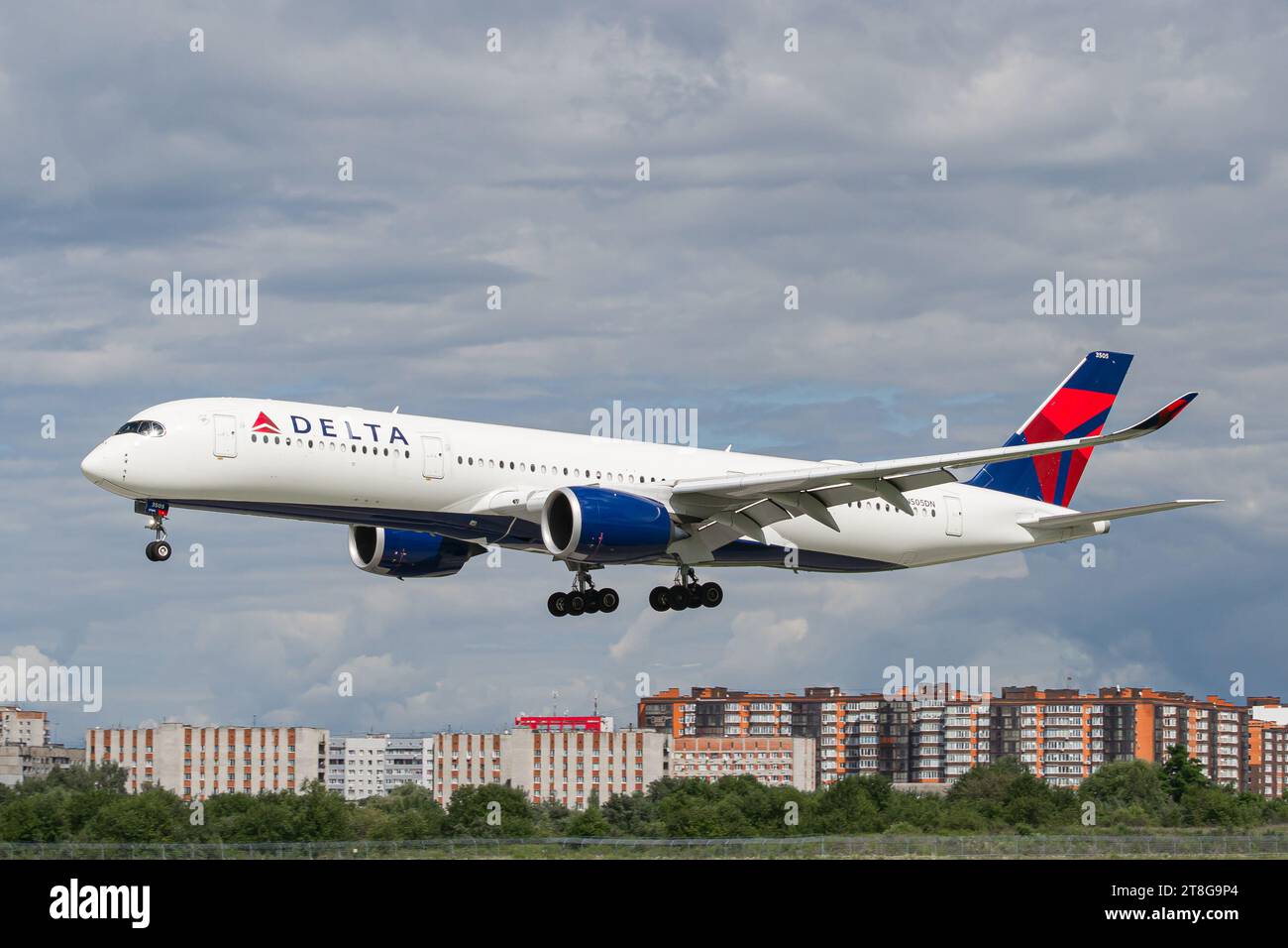 Delta Airlines Airbus A350-900 aircraft landing in Lviv. This was the first visit of A350 to Lviv Airport. High-quality photo Stock Photo