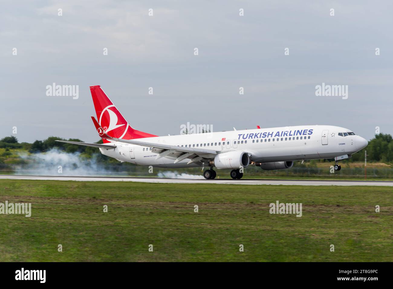 Turkish Airlines Boeing 737-800 touching down at Lviv International Airport after a flight from Istanbul, Turkey Stock Photo