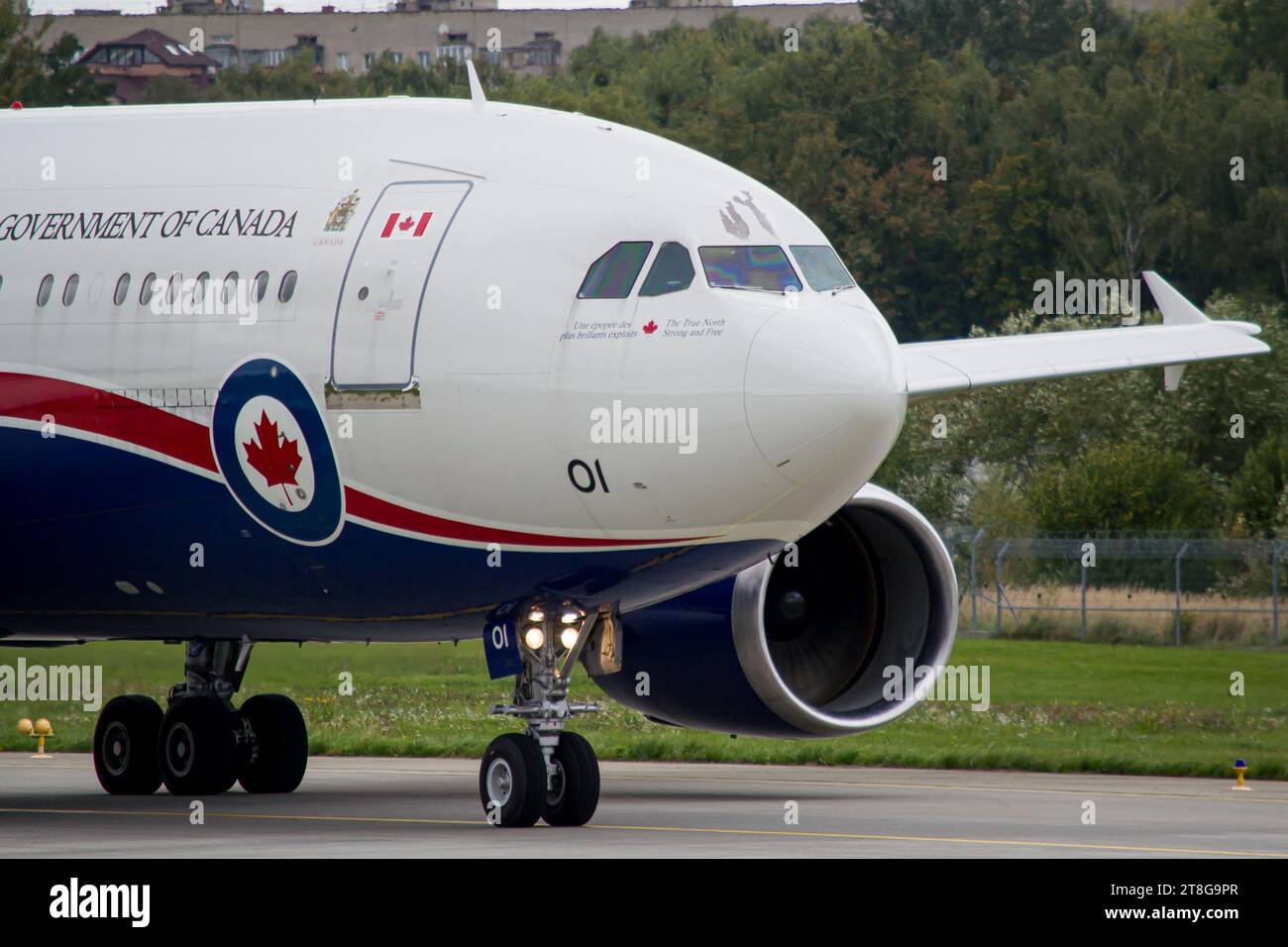 Close-up photo of a Canadian Government Airbus A310 (CC150 Polaris) taxiing for takeoff from Lviv Stock Photo