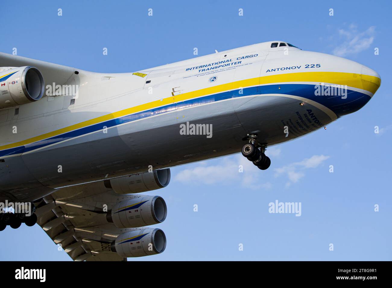 The biggest aircraft in the world - Antonov An-225 Mriya coming for a landing at Kyiv Hostomel Airport. High-quality photo Stock Photo