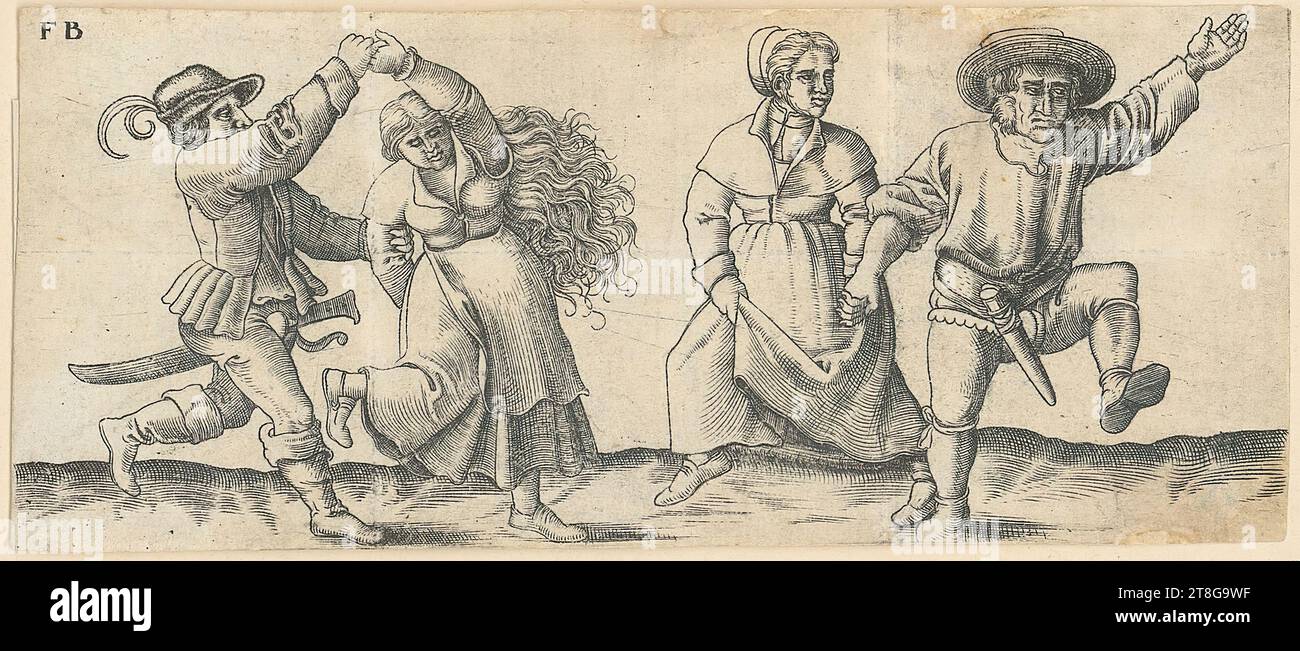 Franz Isaac Brun (1535 um - um 1610, 1620), artist Hans Sebald Beham (1500 - 1550), after, Two dancing peasant couples, sheet of the series 'Bauernfest', origin of the print: 1555 - 1610, copperplate on vergé paper, sheet size: 4.8 x 11.4 cm, top left monogrammed 'FB Stock Photo