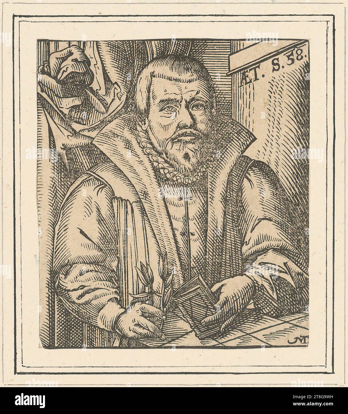 Johann Conrad Klüpfel (1621 mentioned before), engraver Francesco Villamena (1564 - 1624), copy after Blinder Bettler, sheet 4 of the series 'Strassenhändler', Moses Thym (1613, 1617 mentioned around), artist, portrait of Sebastian Artomedes, origin of the print medium: 1602 - 1614, woodcut on vergé paper, sheet size: 9.1 x 8.0 cm, upper right inscribed 'ÆT. S. 58.' and monogrammed lower right 'MT. ligatured Stock Photo