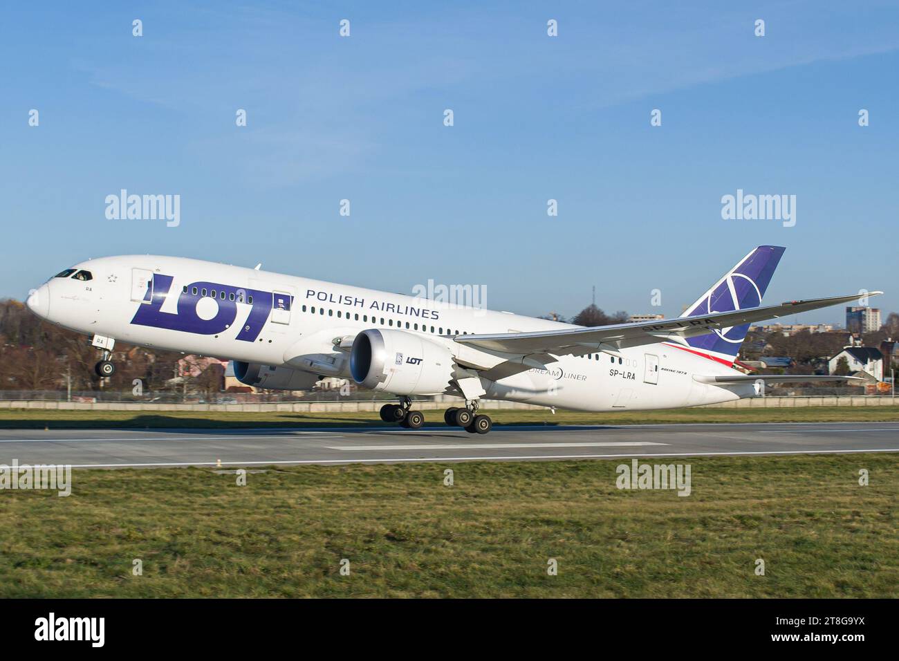 LOT Polish Airlines Boeing 787-8 Dreamliner aircraft taking off from Lviv Airport. High-quality photo Stock Photo
