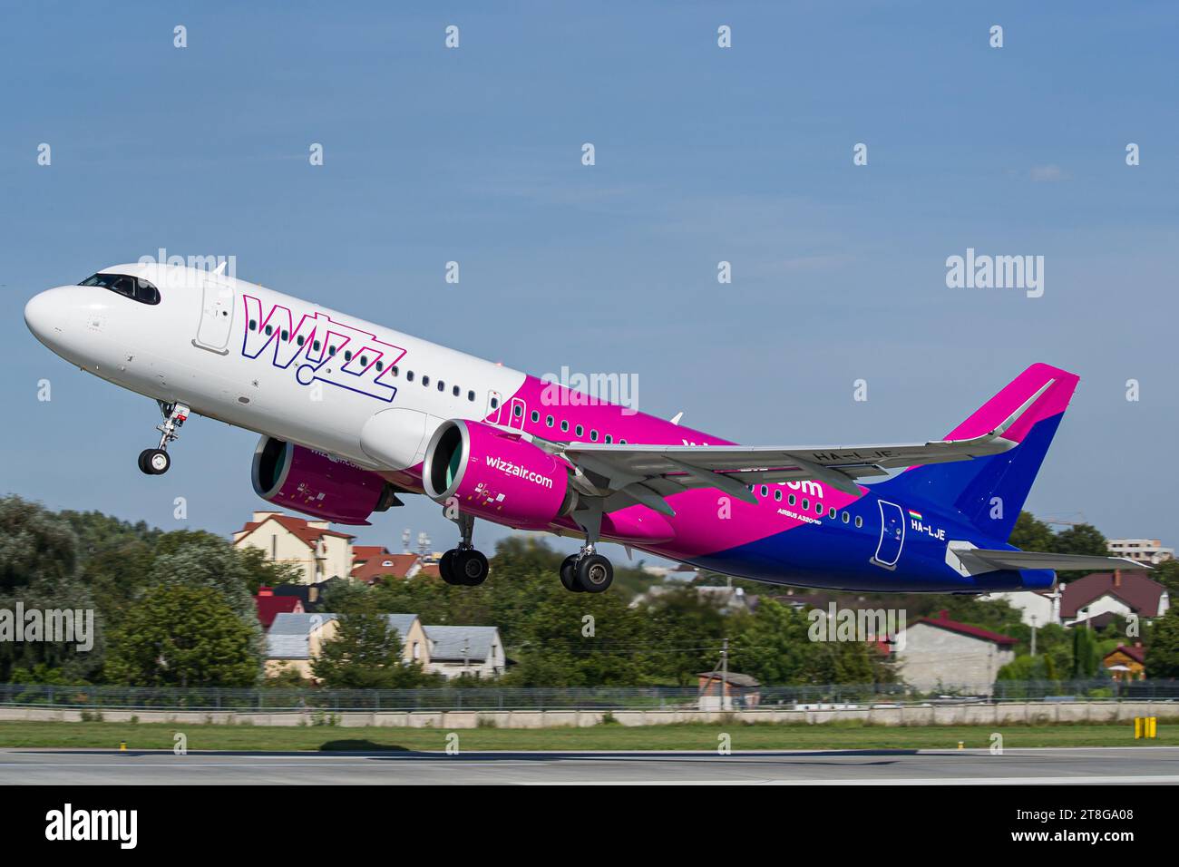 WizzAir's one of the newest Airbus A320 NEO taking off from Lviv Airport. High-quality photo Stock Photo