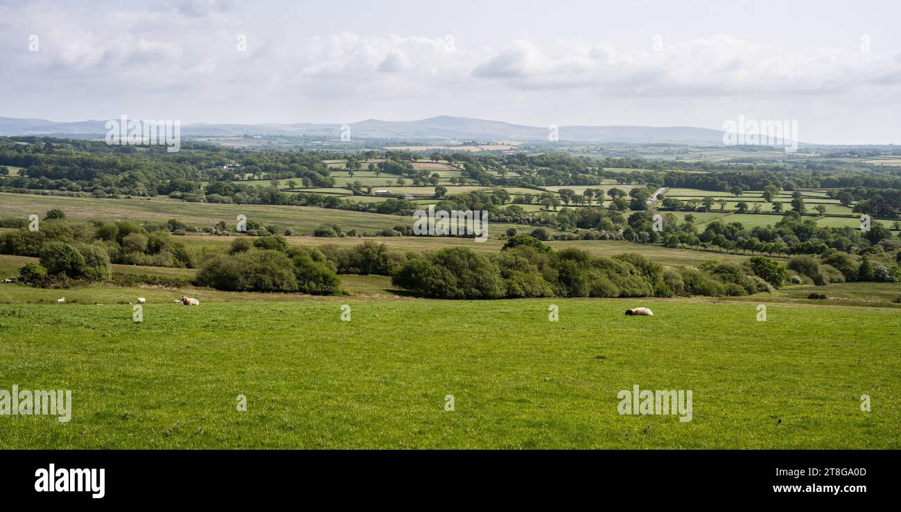 The high moorland of Dartmoor rises from an agricultural landscape of farmland fields in Devon, England. Stock Photo