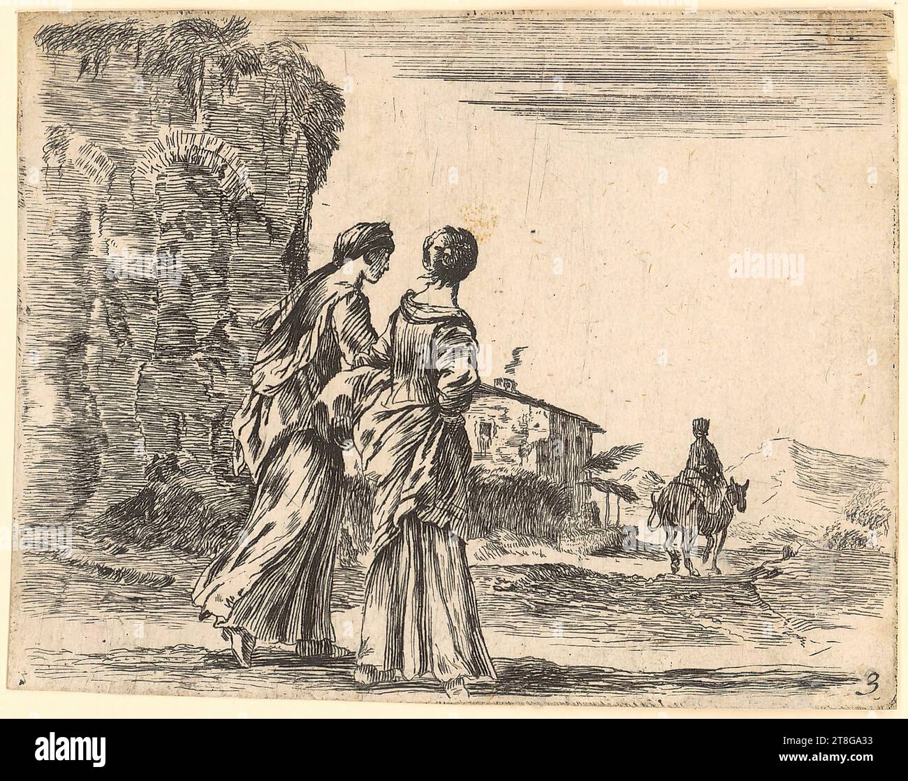 Melchior Küsell (1620, 1738 family mentioned around), artist Stefano della Bella (1610 - 1664), copy after, Two walking young women, right in front of them a woman on a donkey, origin of the print medium: 1650 - 1700 second H, etching on paper vergé, sheet size: 7.4 x 9.8 cm (trimmed to platemark)' Field3 Numbered '3' lower right, red Stock Photo