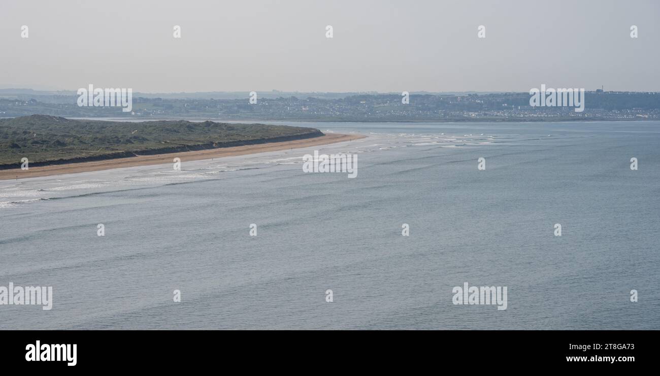 The estuary of the rivers Taw and Torridge meets the Bristol Channel at Braunton Burrows, a spit of sand dunes on the coast of North Devon, with Westw Stock Photo
